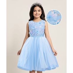 Pine Kids Woven Sleeveless Party Dress With Butterfly Applique & Sequin Detailing - Blue