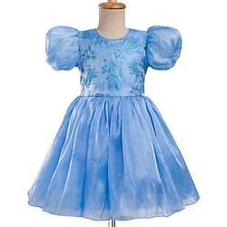 Pine Kids Woven Half Sleeves Party Dress With Glitter Floral Print - Light Blue
