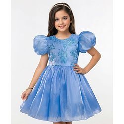 Pine Kids Woven Half Sleeves Party Dress With Glitter Floral Print - Light Blue