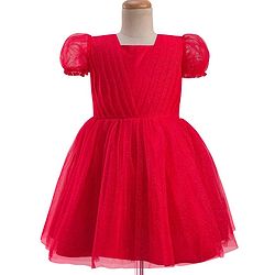 Pine Kids Woven Half Puffed Half Sleeves Pleated Glittery Party Dress - Red