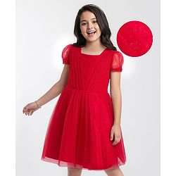 Pine Kids Woven Half Puffed Half Sleeves Pleated Glittery Party Dress - Red