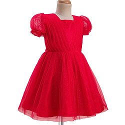 Pine Kids Woven Half Puffed Half Sleeves Pleated Glittery Party Dress - Red