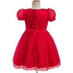Pine Kids Woven Half Puffed Half Sleeves Pleated Glittery Party Dress - Red