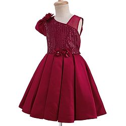 Pine Kids Woven Sleeveless Party Dress With Sequin Detailing & Floral Applique - Red