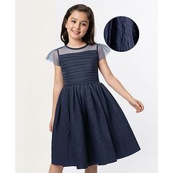 Pine Kids Woven Half Sleeves Solid Colour Frock  - Navy Blue