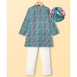 Pine Kids Cotton Woven Full Sleeves Kurta Pajama Set with Floral Print - Light Blue