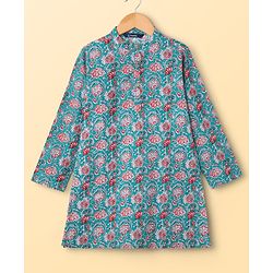 Pine Kids Cotton Woven Full Sleeves Kurta Pajama Set with Floral Print - Light Blue