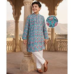 Pine Kids Cotton Woven Full Sleeves Kurta Pajama Set with Floral Print - Light Blue