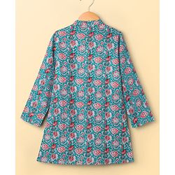 Pine Kids Cotton Woven Full Sleeves Kurta Pajama Set with Floral Print - Light Blue