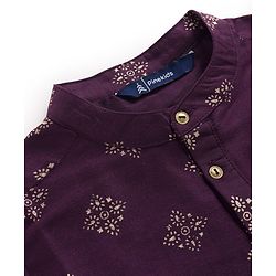 Pine Kids Woven Full Sleeves Kurta Pajama Set With Floral Foil Print - Wine