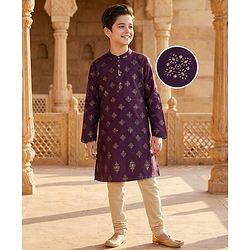 Pine Kids Woven Full Sleeves Kurta Pajama Set With Floral Foil Print - Wine