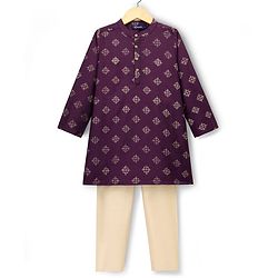 Pine Kids Woven Full Sleeves Kurta Pajama Set With Floral Foil Print - Wine