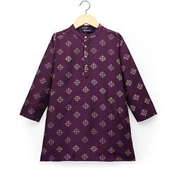 Pine Kids Woven Full Sleeves Kurta Pajama Set With Floral Foil Print - Wine