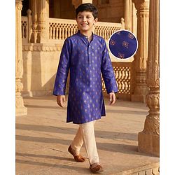 Pine Kids Woven Full Sleeves Kurta Pajama Set With Floral Foil Print - Royal Blue