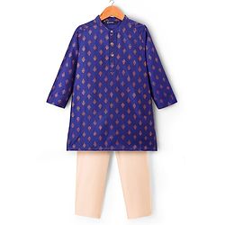 Pine Kids Woven Full Sleeves Kurta Pajama Set With Floral Foil Print - Royal Blue