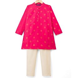 Pine Kids Woven Full Sleeves Kurta Pajama Set With Floral Foil Print - Red
