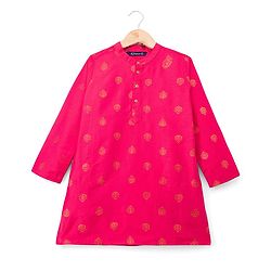 Pine Kids Woven Full Sleeves Kurta Pajama Set With Floral Foil Print - Red