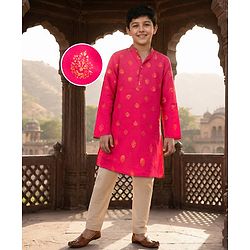 Pine Kids Woven Full Sleeves Kurta Pajama Set With Floral Foil Print - Red