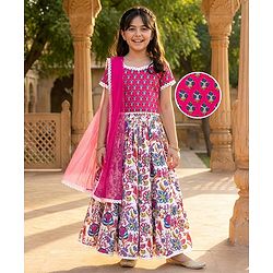 Pine Kids Woven Half Sleeves Floral Printed Choli Lehenga Set with Dupatta & Lace Detailing - Pink