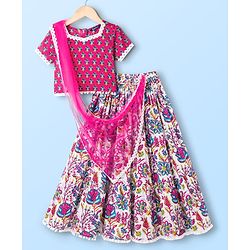 Pine Kids Woven Half Sleeves Floral Printed Choli Lehenga Set with Dupatta & Lace Detailing - Pink