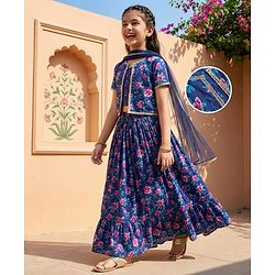 Pine Kids Woven Half Sleeves Floral Printed Choli Lehenga & Dupatta Set - Blue