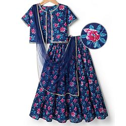 Pine Kids Woven Half Sleeves Floral Printed Choli Lehenga & Dupatta Set - Blue