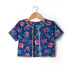 Pine Kids Woven Half Sleeves Floral Printed Choli Lehenga & Dupatta Set - Blue