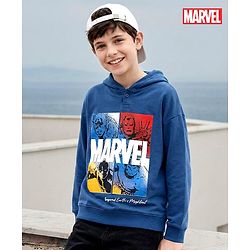 Pine Kids Marvel Terry Knit Drop Shoulder Full Sleeves Hooded Sweatshirt with Avengers Graphic - Navy Blue