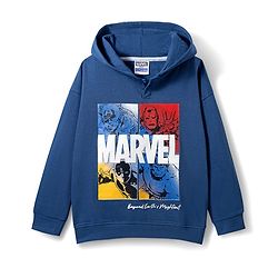 Pine Kids Marvel Terry Knit Drop Shoulder Full Sleeves Hooded Sweatshirt with Avengers Graphic - Navy Blue