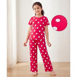 Pine Kids Single Jersey Knit  Half Sleeves Capri Co-Ord Night Suit with Polka Dots - Red