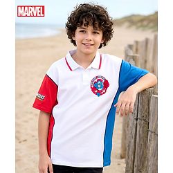 Pine Kids Marvel Terry Knit Oversized Drop Shoulder Half Sleeves Cut & Sew Polo T-Shirt with Avengers Graphic - White & Red