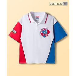 Pine Kids Marvel Terry Knit Oversized Drop Shoulder Half Sleeves Cut & Sew Polo T-Shirt with Avengers Graphic - White & Red