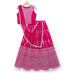 Pine Kids Woven Sleeveless Smoke Detailing Embroidered Choli & Lahenga Set With Dupatta - Pink