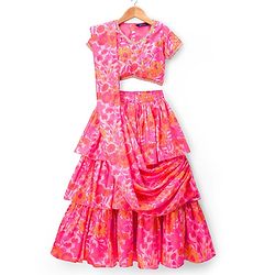 Pine Kids Woven Half Sleeves Floral Printed Choli Lehenga Set with Dupatta - Pink