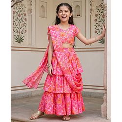 Pine Kids Woven Half Sleeves Floral Printed Choli Lehenga Set with Dupatta - Pink