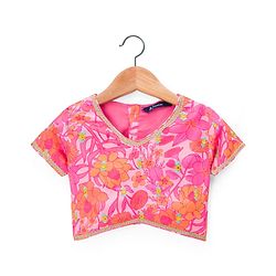 Pine Kids Woven Half Sleeves Floral Printed Choli Lehenga Set with Dupatta - Pink