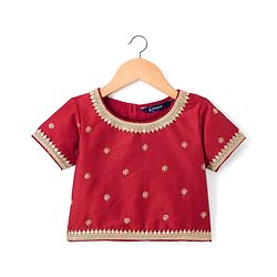 Pine Kids Woven Half Sleeves Lehenga Choli Set With Floral Print & Dupatta - Rust Orange