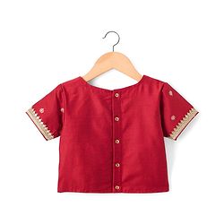 Pine Kids Woven Half Sleeves Lehenga Choli Set With Floral Print & Dupatta - Rust Orange
