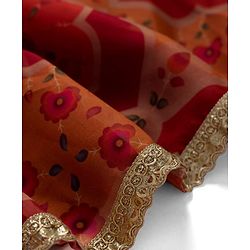 Pine Kids Woven Half Sleeves Lehenga Choli Set With Floral Print & Dupatta - Rust Orange
