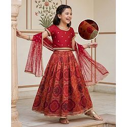 Pine Kids Woven Half Sleeves Lehenga Choli Set With Floral Print & Dupatta - Rust Orange