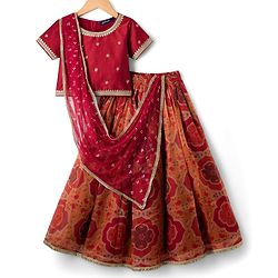 Pine Kids Woven Half Sleeves Lehenga Choli Set With Floral Print & Dupatta - Rust Orange