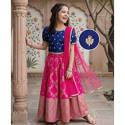 Pine Kids Woven Half Sleeves Choli Lehenga & Dupatta Set With Floral Foil Embroidered & Printed - Navy Blue & Pink