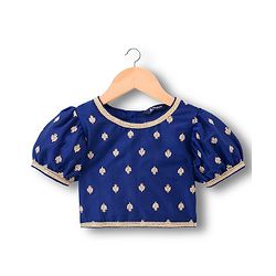 Pine Kids Woven Half Sleeves Choli Lehenga & Dupatta Set With Floral Foil Embroidered & Printed - Navy Blue & Pink