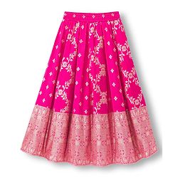 Pine Kids Woven Half Sleeves Choli Lehenga & Dupatta Set With Floral Foil Embroidered & Printed - Navy Blue & Pink