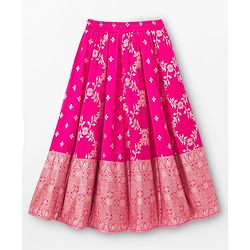Pine Kids Woven Half Sleeves Choli Lehenga & Dupatta Set With Floral Foil Embroidered & Printed - Navy Blue & Pink