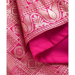 Pine Kids Woven Half Sleeves Choli Lehenga & Dupatta Set With Floral Foil Embroidered & Printed - Navy Blue & Pink