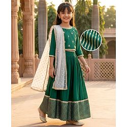 Pine Kids Woven Three Fourth Sleeves Choli Lehenga & Dupatta Set with Floral Print - Mint Green