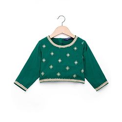 Pine Kids Woven Three Fourth Sleeves Choli Lehenga & Dupatta Set with Floral Print - Mint Green