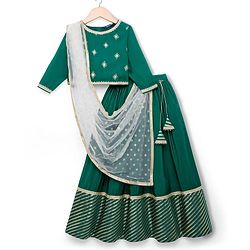 Pine Kids Woven Three Fourth Sleeves Choli Lehenga & Dupatta Set with Floral Print - Mint Green