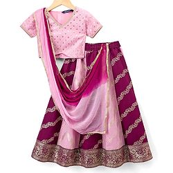 Pine Kids Woven Half Sleeves Choli Lehenga Set with Dupatta & Foil Print - Pink